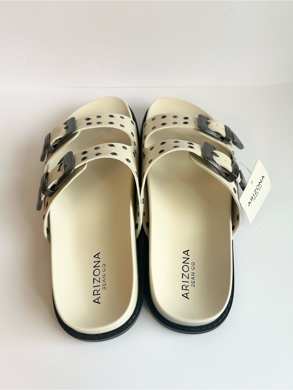 Arizona Jean Company Cream Slide Sandals with Gunmetal Studs & Buckles - Picture 5 of 8